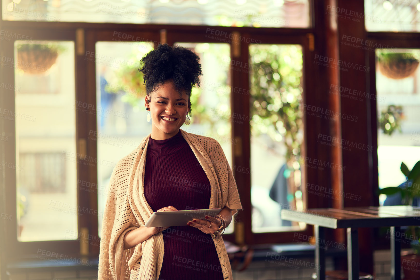 Buy stock photo Portrait, restaurant waiter and woman with tablet to manage orders, stock check and inventory. Coffee shop barista, happy and technology, female holding digital touchscreen and counting sales on app