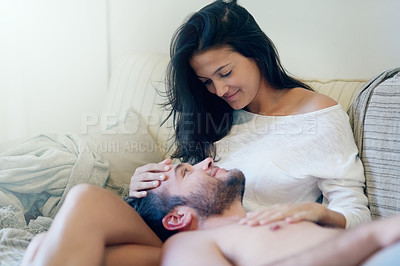 Buy stock photo Couple, relax and embrace on sofa in morning with care, bonding and connection in home living room. Man, woman and happy with love, thinking and smile for memory on couch  in lounge at apartment