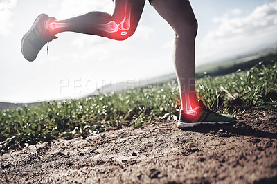 Buy stock photo Shot of an unrecognizable man running with injuries highlighted by cgi