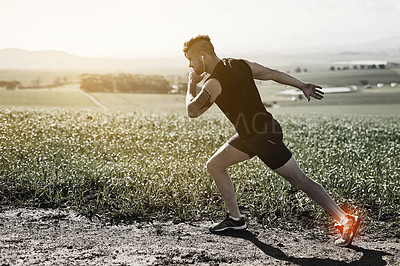 Buy stock photo Man, workout and foot pain for running, outdoor and bone or joint injury in countryside or arthritis. Male person, athlete and osteoarthritis or red glow for stress tension, exercise and inflammation