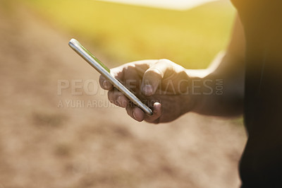 Buy stock photo Hand, phone and person on outdoor workout with digital exercise schedule, tracker or connection. Training, smartphone and athlete with fitness app for health, wellness and communication in nature.