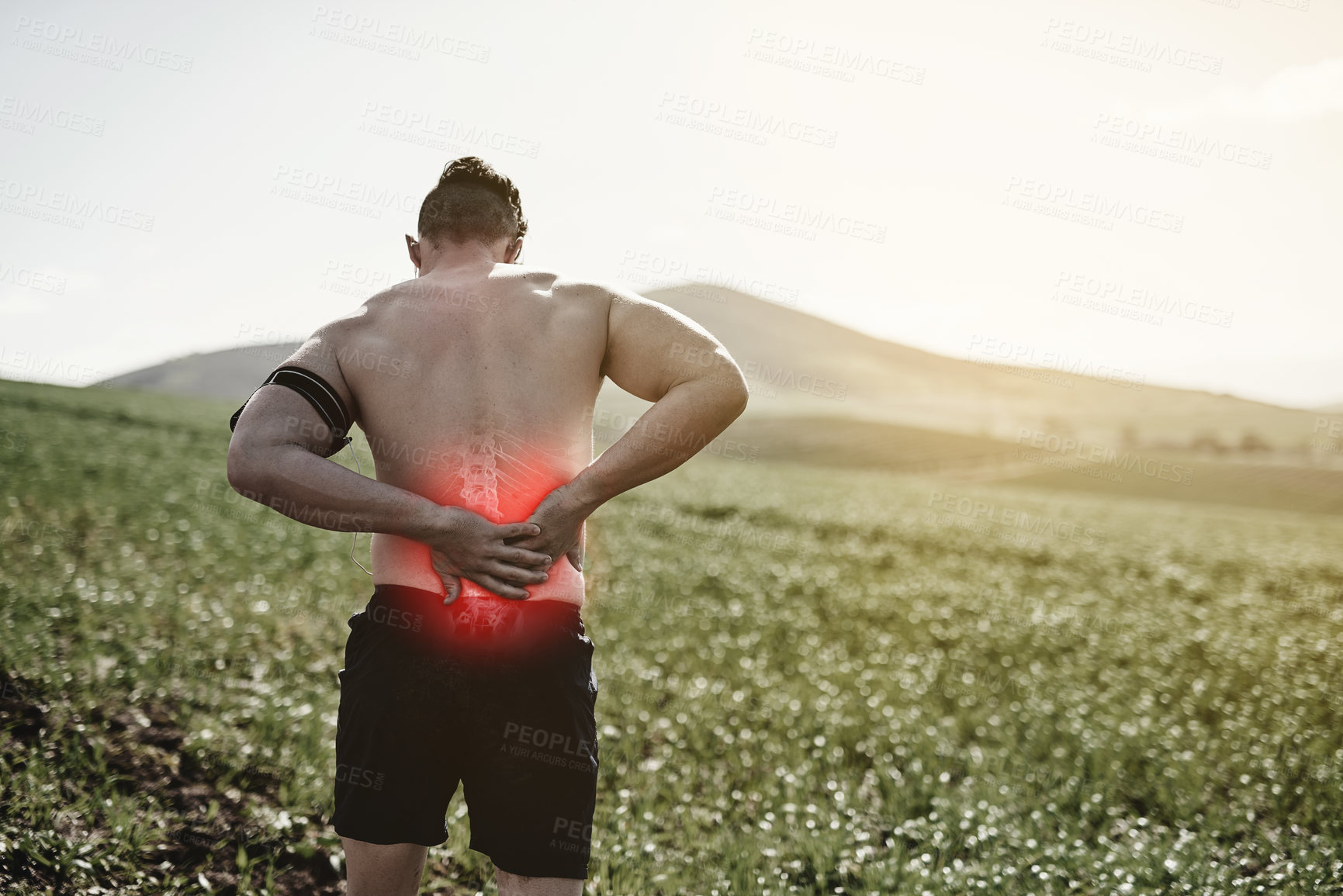 Buy stock photo Outdoor, man and back pain with injury, accident or muscle tension as medical crisis. Backache, male runner and joint or bone strain with inflammation, fibromyalgia and emergency of fitness in nature