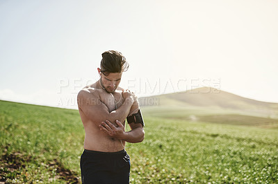 Buy stock photo Nature, elbow pain and man with injury or accident after workout, exercise and train session. Outdoor, male athlete and joint crisis with inflammation, bone ache and muscle tension in countryside