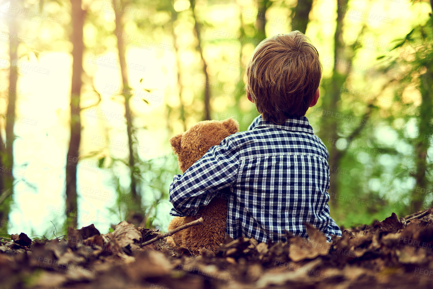 Buy stock photo Shot of a little boy sitting in the forest with his teddy bear