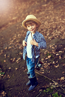 Buy stock photo Happy, face and boy on hike with straw hat, nature or forest trail for outdoor travel holiday. Smile, excited and portrait of child or kid on adventure, vacation or weekend trip in autumn countryside