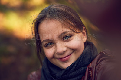 Buy stock photo Outdoor, face and kid with smile, selfie and photography for memory in woods, winter and girl in park. Happiness, profile picture and child in forest for trip, camping and morning with joy and cute