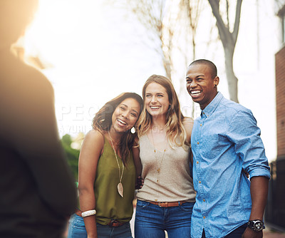 Buy stock photo Happy, photography and group of friends with hug, bonding and diversity on outdoor adventure in nature. Smile, travel and young people embracing for memory with connection, care and love in park.