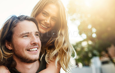 Buy stock photo Piggyback, travel and happy couple in city bonding together for relationship or tourism for weekend break. Smile, outdoor and people in urban town street for adventure, holiday or vacation in Miami