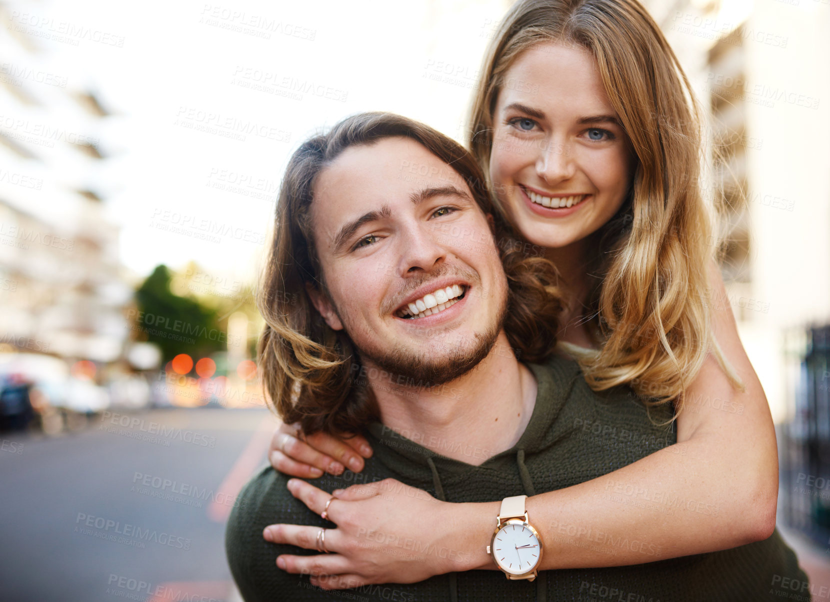 Buy stock photo Piggyback, portrait or happy couple on holiday in city to travel for relationship, weekend or tourism. Smile, outdoor trip and excited people in urban town street for adventure or vacation in Miami