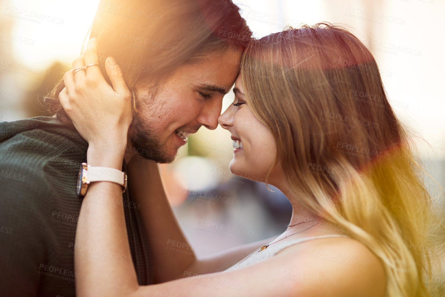 Buy stock photo Love, hug and happy couple on vacation in city to travel for relationship, support and tourism. Smile, outdoor trip and excited people in urban town street for weekend adventure or holiday in Sweden