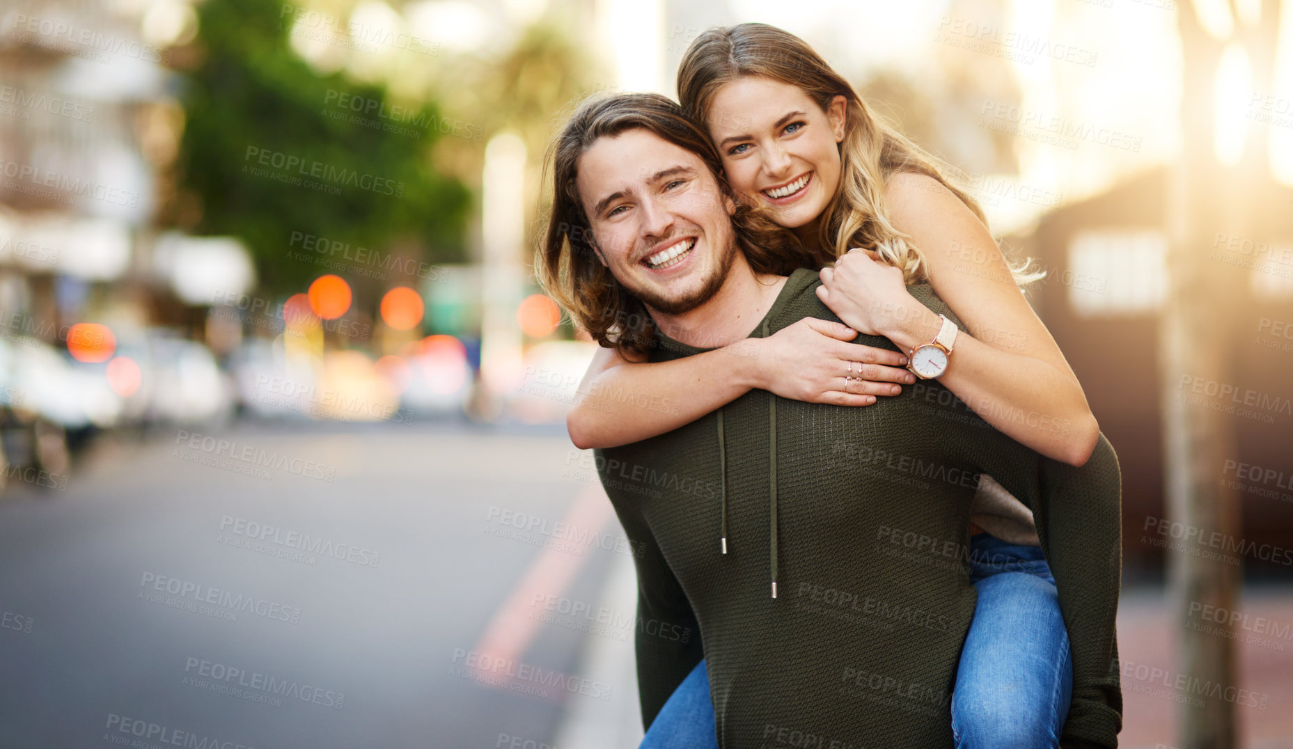 Buy stock photo Piggyback, portrait or happy couple on vacation in city to travel for relationship, love or tourism. Smile, outdoor and excited people in urban town street for weekend adventure or holiday in Sweden