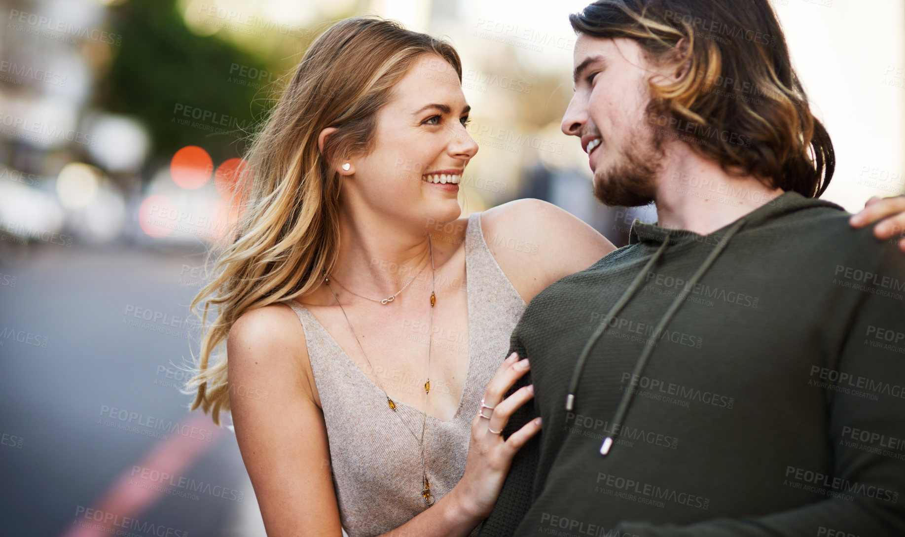 Buy stock photo Couple, love and smile in city with happiness for support, commitment and loyalty as partner. Man, woman and bonding together in urban street for relationship, date and romance with trust or care
