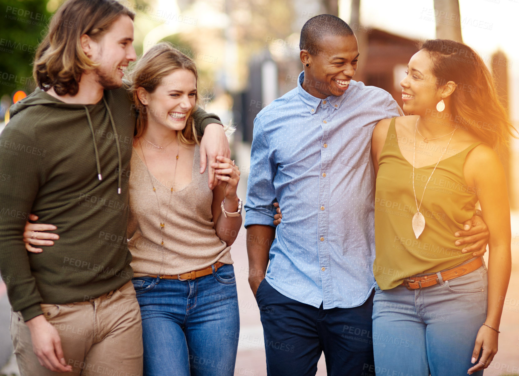 Buy stock photo People, happy or hug in city for travel, journey or relationship development. Friends, couples or walking downtown with laughing for funny storytelling, double date or comic past memory for bonding