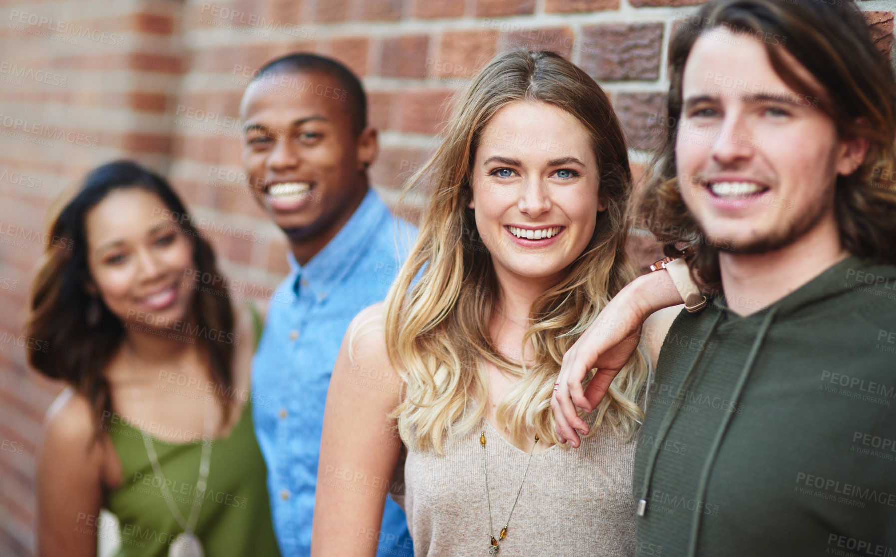 Buy stock photo People, happy and portrait at brick wall for travel, journey and relationship development. Friends, couples and smile on city sidewalk for double date, friendly support and students on study break