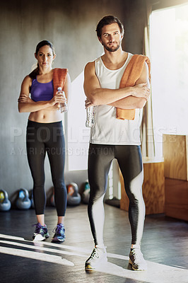 Buy stock photo Gym, man and woman in portrait with fitness, confidence  and relax at workout challenge together. Couple, sports partner or personal trainer with towel, water or inspiration for healthy body exercise
