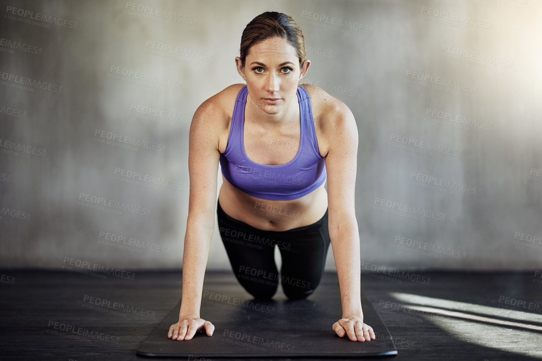 Buy stock photo Portrait, exercise and woman in gym for pushup with strong body, wellness and workout routine for abdomen. Sports club, plank and athlete girl with discipline for muscle growth and training goals