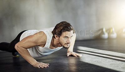 Buy stock photo Man, push ups and strong exercise in gym, muscle gain and bodybuilder challenge or endurance. Male person, workout and bicep or core development, training routine and athlete for lifting body weight