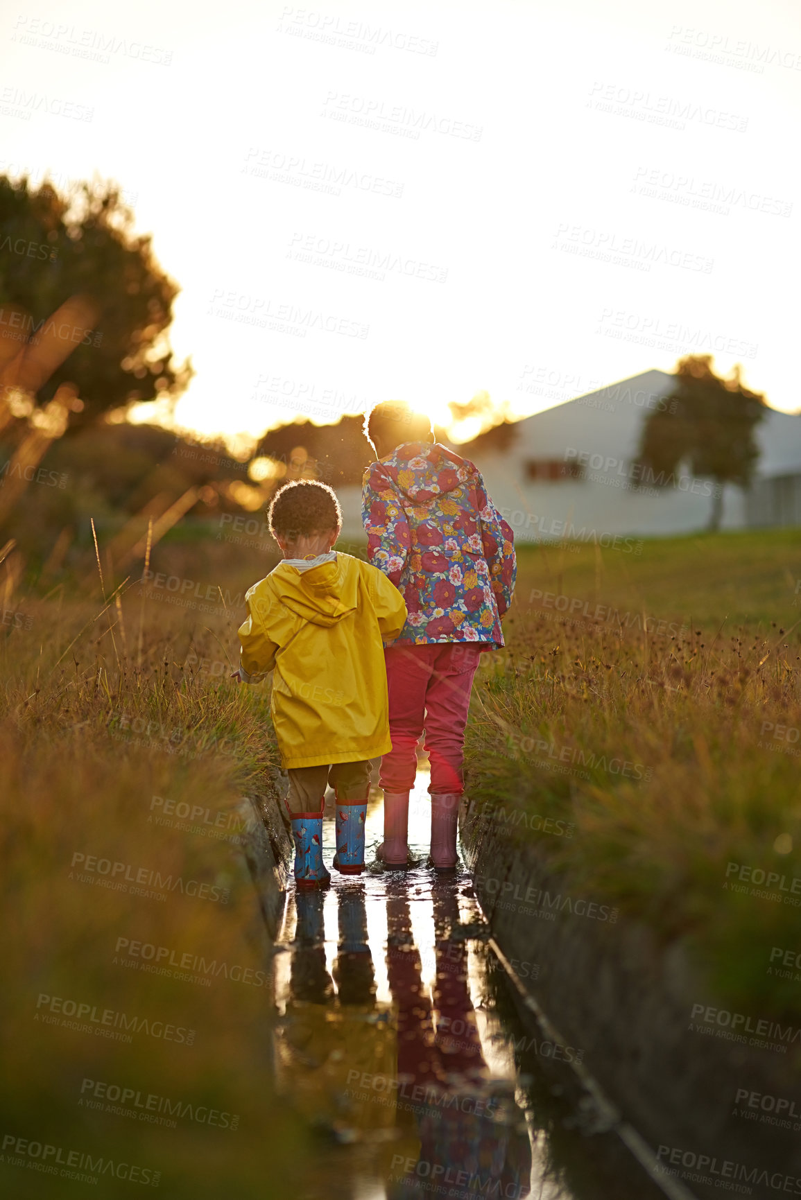 Buy stock photo Shot of a brother and sister splashing in water while playing together outside