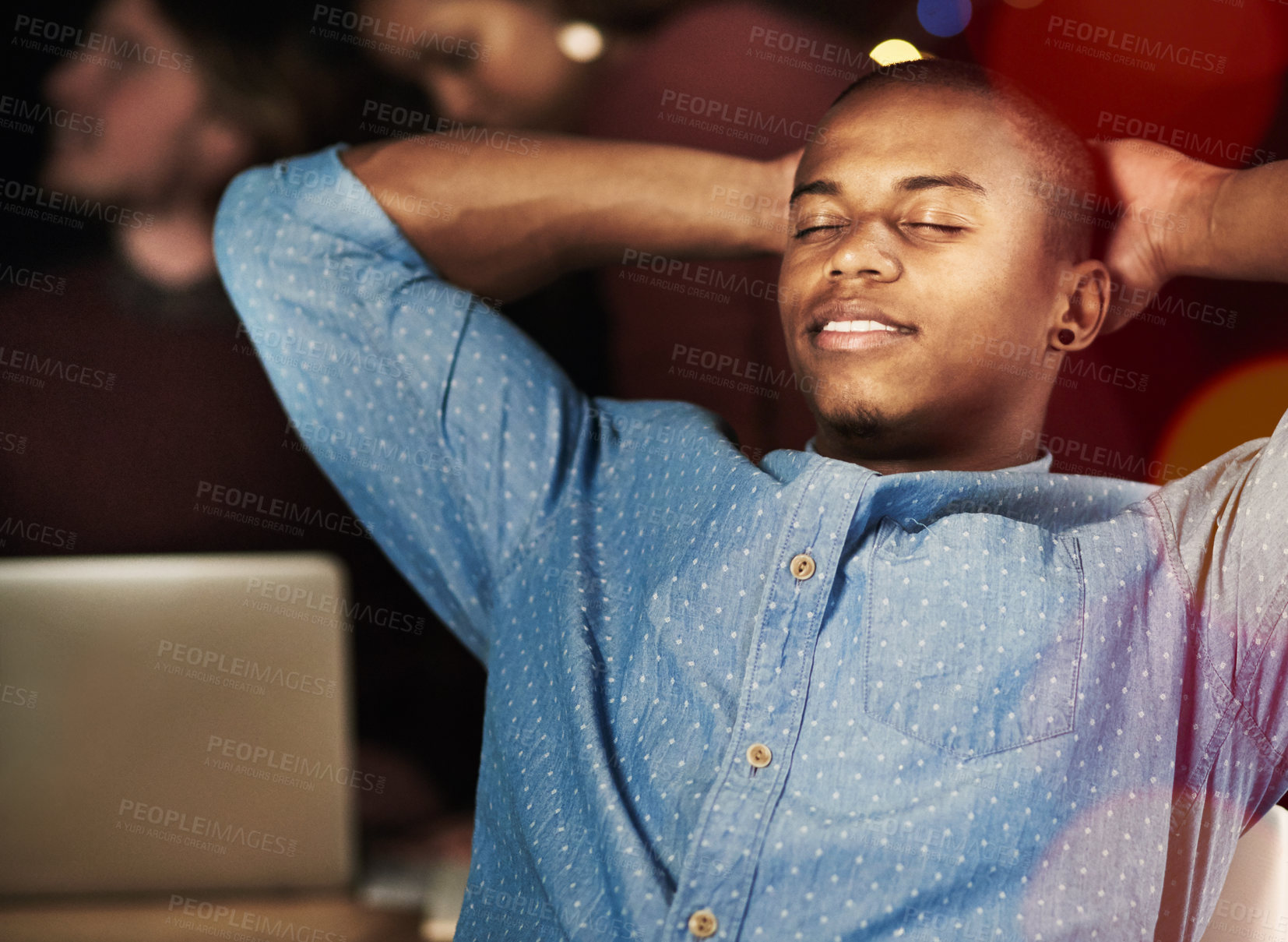 Buy stock photo Young man, sleeping and night with relax for rest, done or completion of work or tasks at office. Male person, employee or asleep with break in late evening for nap, recovery or peace at workplace