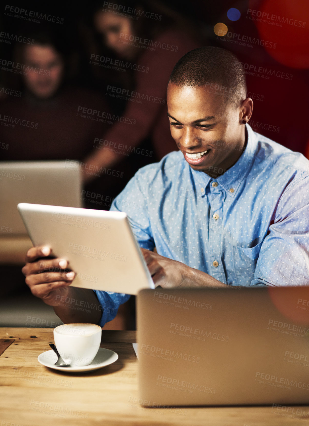 Buy stock photo Coffee shop, happy and business black man on tablet at night for website, research and online project. Corporate, working late and person on digital tech and laptop for review, internet and proposal