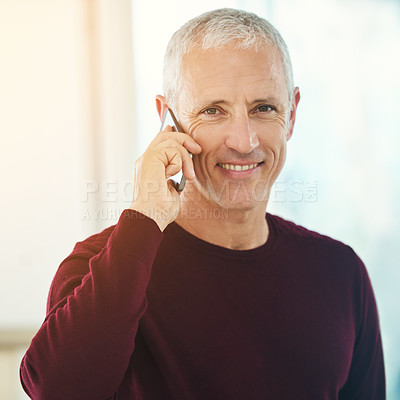 Buy stock photo Portrait, mature man and phone call for contact, communication or talking with smile for good news. Happy, senior male person and smartphone for connectivity, discussion or conversation with closeup