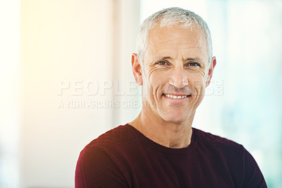 Buy stock photo Senior, businessman or happy portrait in office for creative career in management and mockup space. Mature person, entrepreneur and face of ceo with confidence, smile and pride for company director