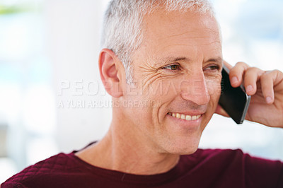 Buy stock photo Elderly, man and face with phone call in home with laughing for funny conversation, discussion and mobile chat. Senior, person and happy with smartphone for talking, comic joke and mockup space