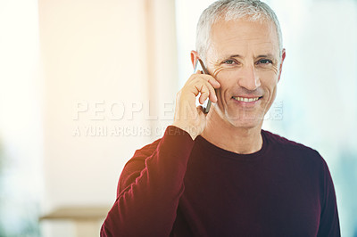 Buy stock photo Senior, man and portrait with phone call in home for communication, discussion and mobile chat on mockup. Elderly, person and smile with smartphone for talking, retirement and networking in lounge