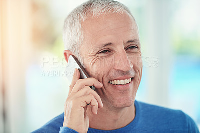 Buy stock photo Closeup, senior man and phone call for contact, communication or talking with smile for good news. Happy, elderly male person and smartphone for connectivity, discussion or conversation at home