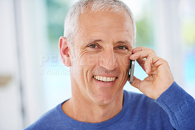 Buy stock photo Senior, man and portrait with phone call in home with laughing for funny conversation, discussion and mobile chat. Elderly, person and happy with smartphone for talking, comic joke and mockup space