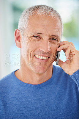 Buy stock photo Portrait, mature man and phone call for communication, contact or talking with smile for good news. Closeup, senior male person and smartphone for connectivity, discussion or conversation at home