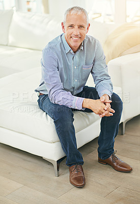 Buy stock photo Senior, man and portrait for relax on sofa in home with happiness, retirement and wellness in living room. Elderly, person and face with smile, confidence and peaceful in lounge of house on weekend