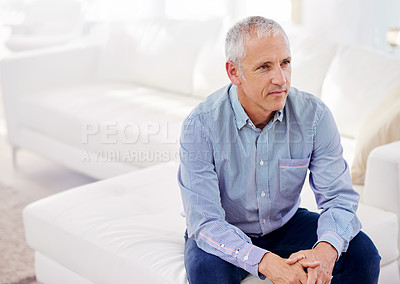 Buy stock photo Senior, man and thinking or relax on sofa with daydreaming, retirement and wellness in living room. Elderly, person and face with idea, thoughtful and peaceful in lounge of apartment on the weekend