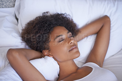 Buy stock photo Peace, relax and woman sleeping in a bed with comfort, dreaming or resting at home. Sleep, soft and female person in a bedroom for vacation, holiday or day off nap, recovery or quiet snooze in house
