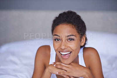 Buy stock photo Woman, happy and wellness in bedroom in portrait, peace and confident on morning vacation on home. Young lady, excited face and healthy on break for rest, leisure and enjoy in hotel bed on holiday
