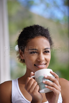 Buy stock photo Coffee, thinking and woman at home with peace, reflection or enjoying a calm moment. Face, remember and female person on a house terrace with tea, idea or happy, memory or insight with view of nature