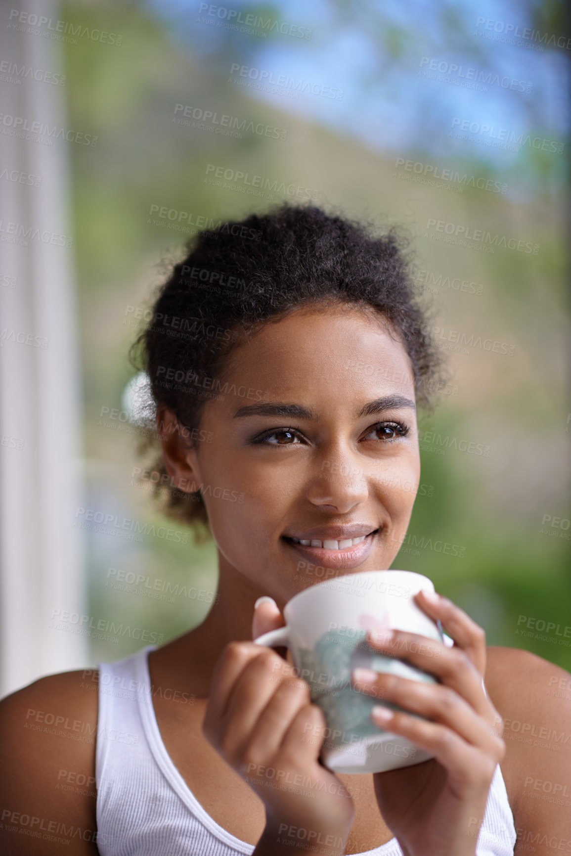 Buy stock photo Coffee, thinking and woman at home with peace, reflection or enjoying a calm moment. Face, remember and female person on a house terrace with tea, idea or happy, memory or insight with view of nature