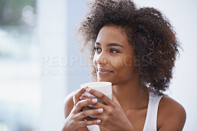 Buy stock photo Happy woman, thinking and morning with cup of coffee, relax and warm beverage for wellness in home. Young, lady and positive with espresso for inspiration and energy on weekend vacation in apartment