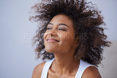 Buy stock photo Woman, home and smile or house relax or weekend day off or resting as healthy wellness, holiday vacation or comfort. Female person, happiness and lazy Saturday in apartment or casual, care or morning