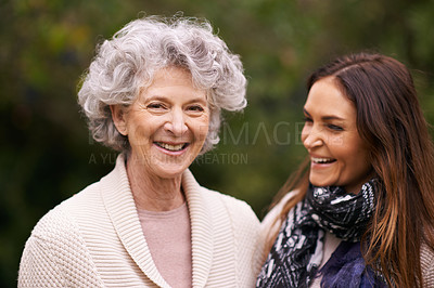 Buy stock photo Senior woman, mother and face with daughter for love, bonding and visit from child outdoor in backyard, garden and patio. Elderly female person, young lady and family bonding together in Italy