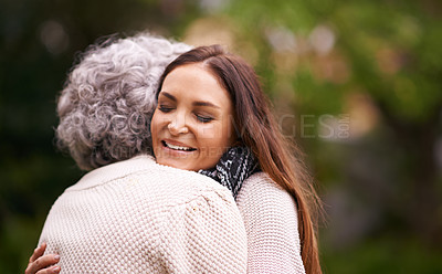 Buy stock photo Hug, mother and woman with love, care and affection for bonding with happiness in nature. Family, elderly female person and daughter relax with mom in garden, backyard and terrace outdoor in Italy