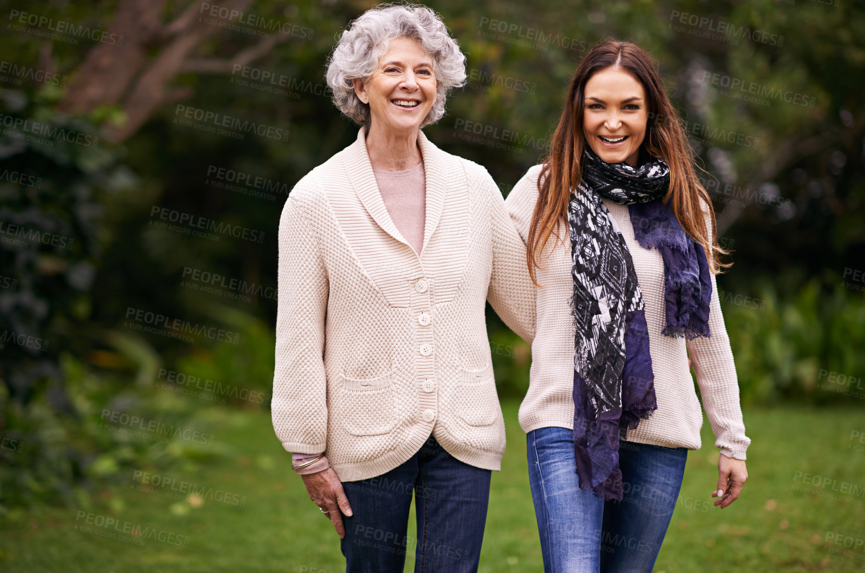 Buy stock photo Senior woman, mother and portrait with hug for love, bonding and visit from daughter outdoor in backyard, garden and patio. Elderly female person, young lady and family bonding together in Italy