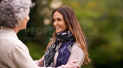Buy stock photo Care, nature and woman with elderly mother together on a outdoor vacation or holiday bonding in happiness on mockup space. Retirement, women and happy person in conversation and laughing with mom