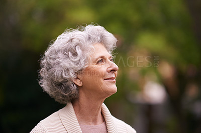 Buy stock photo Happy senior woman, relax and thinking in nature for hope, joy or retirement in the outdoors. Face of thoughtful elderly female with smile in happiness, wonder or dream for natural life or vitality