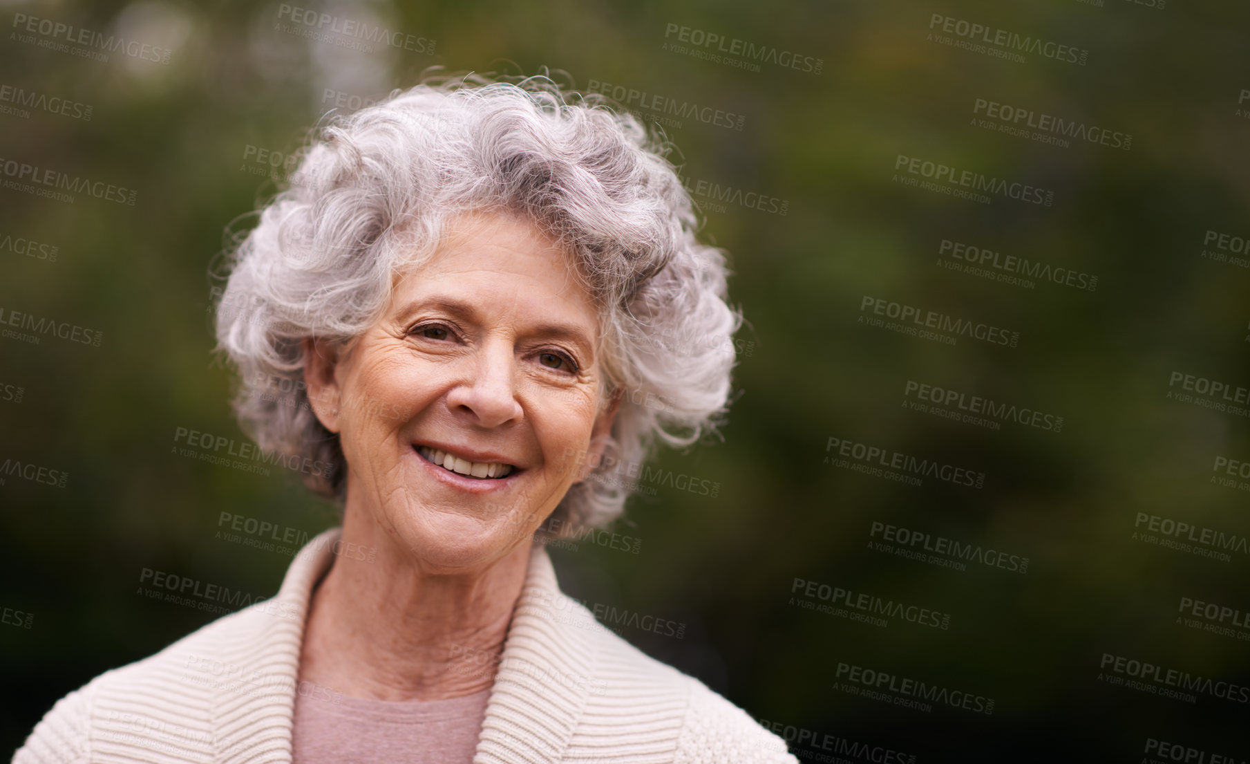 Buy stock photo Senior woman, mockup or portrait with happiness in backyard, garden or patio with copy space and smile. Elderly female person, mature lady or pensioner happy for retirement at home, outdoor or nature