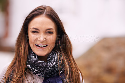 Buy stock photo Happy, portrait and woman relax outdoor in fashion for winter in backyard or garden of home. Girl, smile and confidence on holiday or vacation with pride in casual style and laughing with beauty