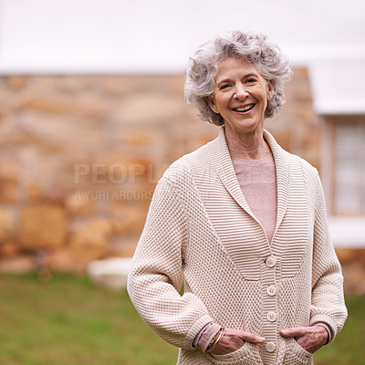 Buy stock photo Senior woman, happy and face with mockup in garden, backyard and terrace or patio in autumn. Elderly female person, mature lady and pensioner with smile for retirement at home, outdoor and in nature