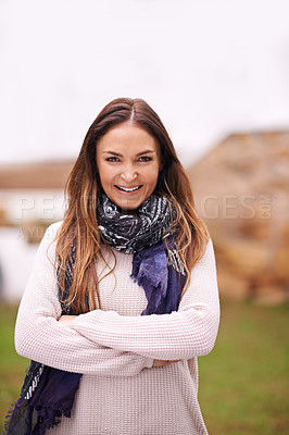 Buy stock photo Fashion, portrait and woman with arms crossed outdoor in backyard or garden of home in winter. Girl, smile and confidence on holiday or vacation with casual style, happiness and relax with pride