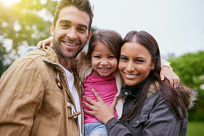 Buy stock photo Family, happy hug and park portrait with a mom, dad and girl together with happiness and smile. Outdoor, face and vacation of a mother, father and young kid with bonding, parent love and child care