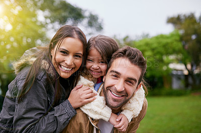 Buy stock photo Family, piggy back and park portrait with a mom, dad and girl together with happiness and smile. Outdoor, face and summer vacation of a mother, father and kid with bonding, parent love and child care